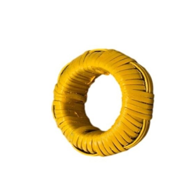 Set Of 4 Retro Groovy Green & Yellow Cloth Napkins W/ Wicker Napkin Rings Boho - Picture 9 of 10